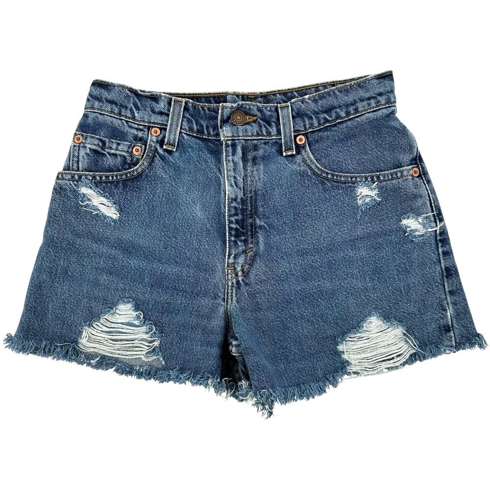 VTG 90s Womens Mid Rise Distressed 550 Levi's Relaxed Fit Blue Denim Shorts Sz 5